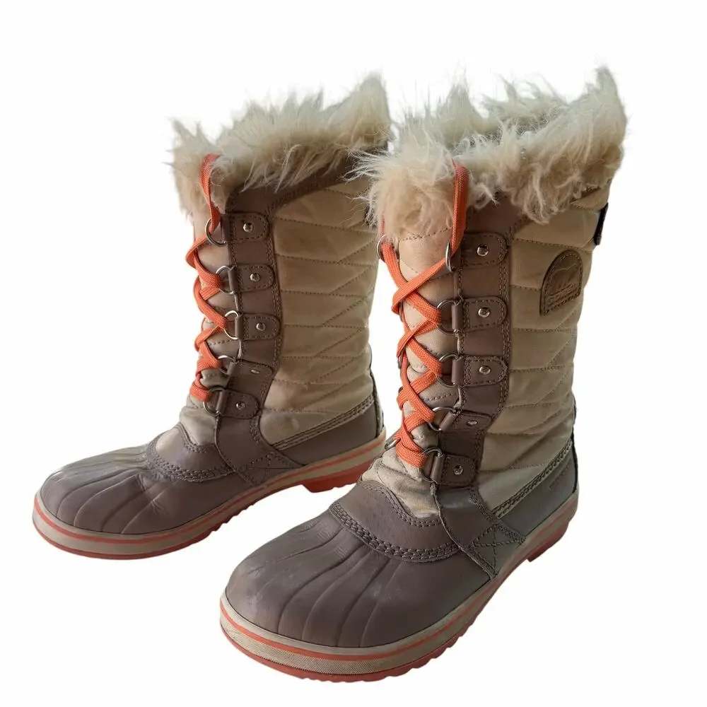 Sorel Tofino II Quilted Waterproof Winter Snow Boots Size 7 Beige Brown Faux Fur